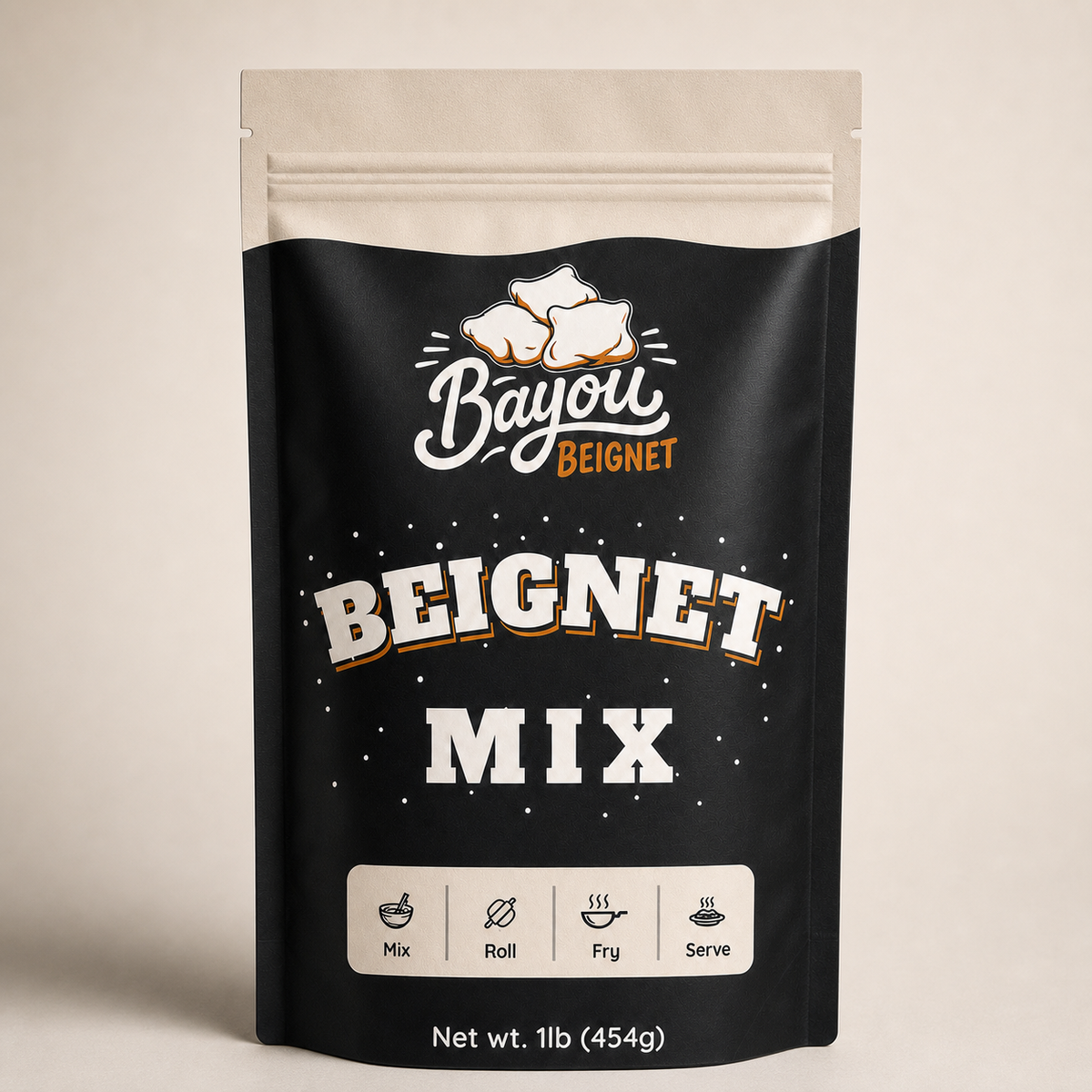 Bayou Beignet mix ready for a retail shelf