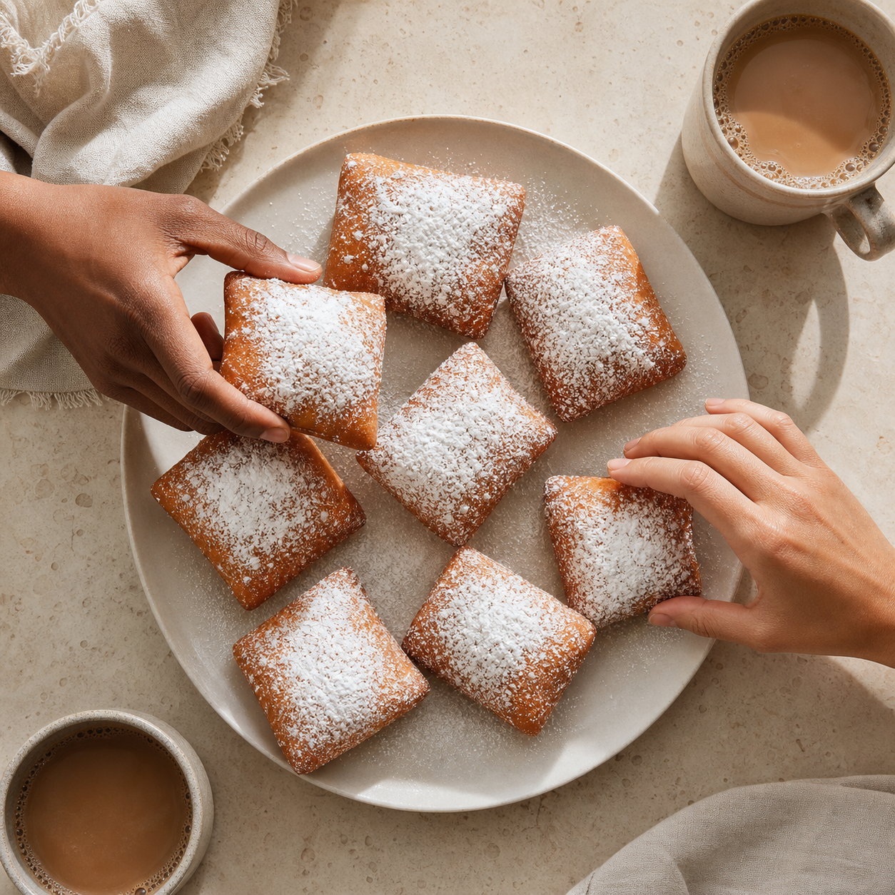 Hands reaching for a platter of freshly cooked Bayou Beignets beside cups of coffee