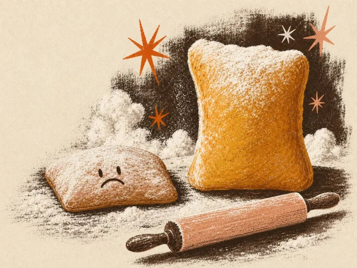 A sad flat beignet waiting beside a tall, powdered-sugar beignet and a rolling pin