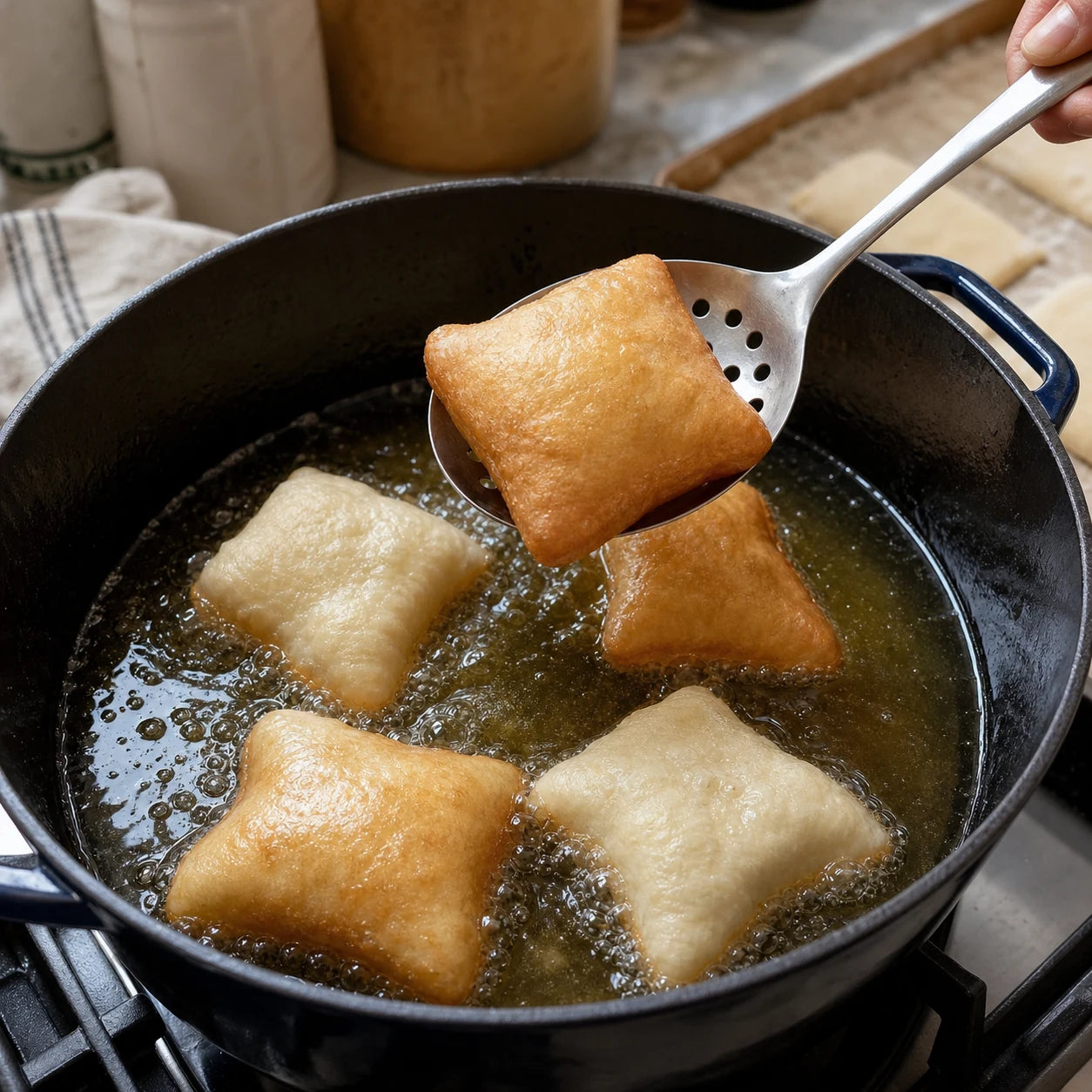 Fresh Bayou Beignets bubbling in hot oil as one golden puff is lifted from the pot