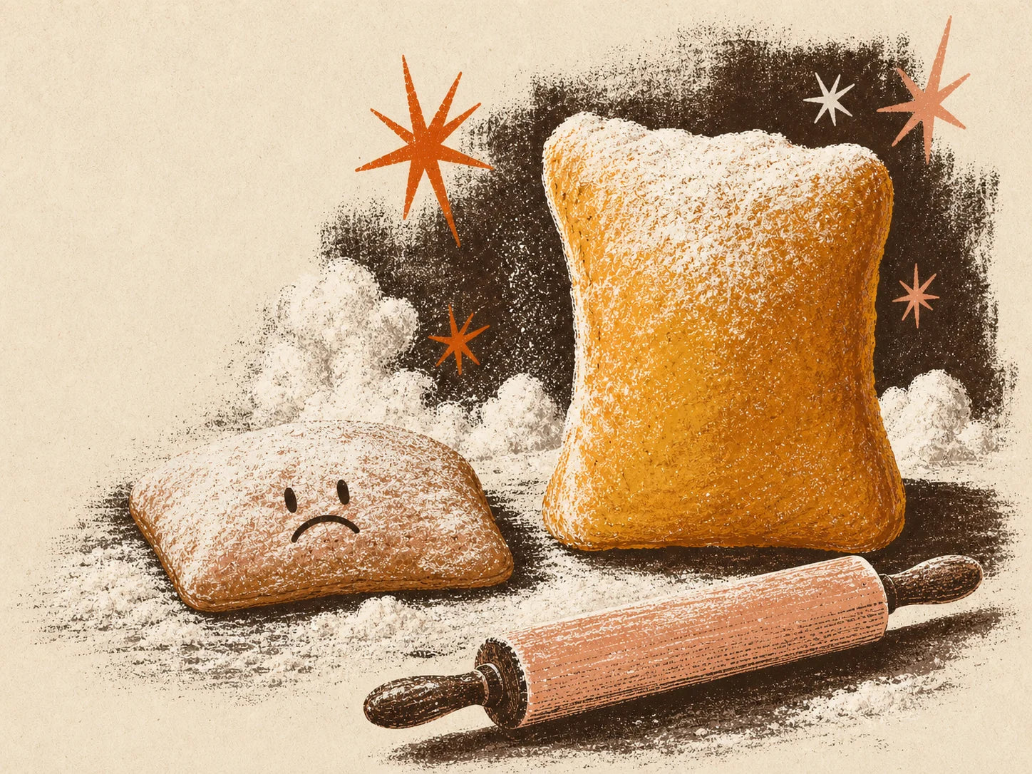 A flat beignet beside a tall, pillowy Bayou Beignet in a flour-dusted Louisiana test kitchen