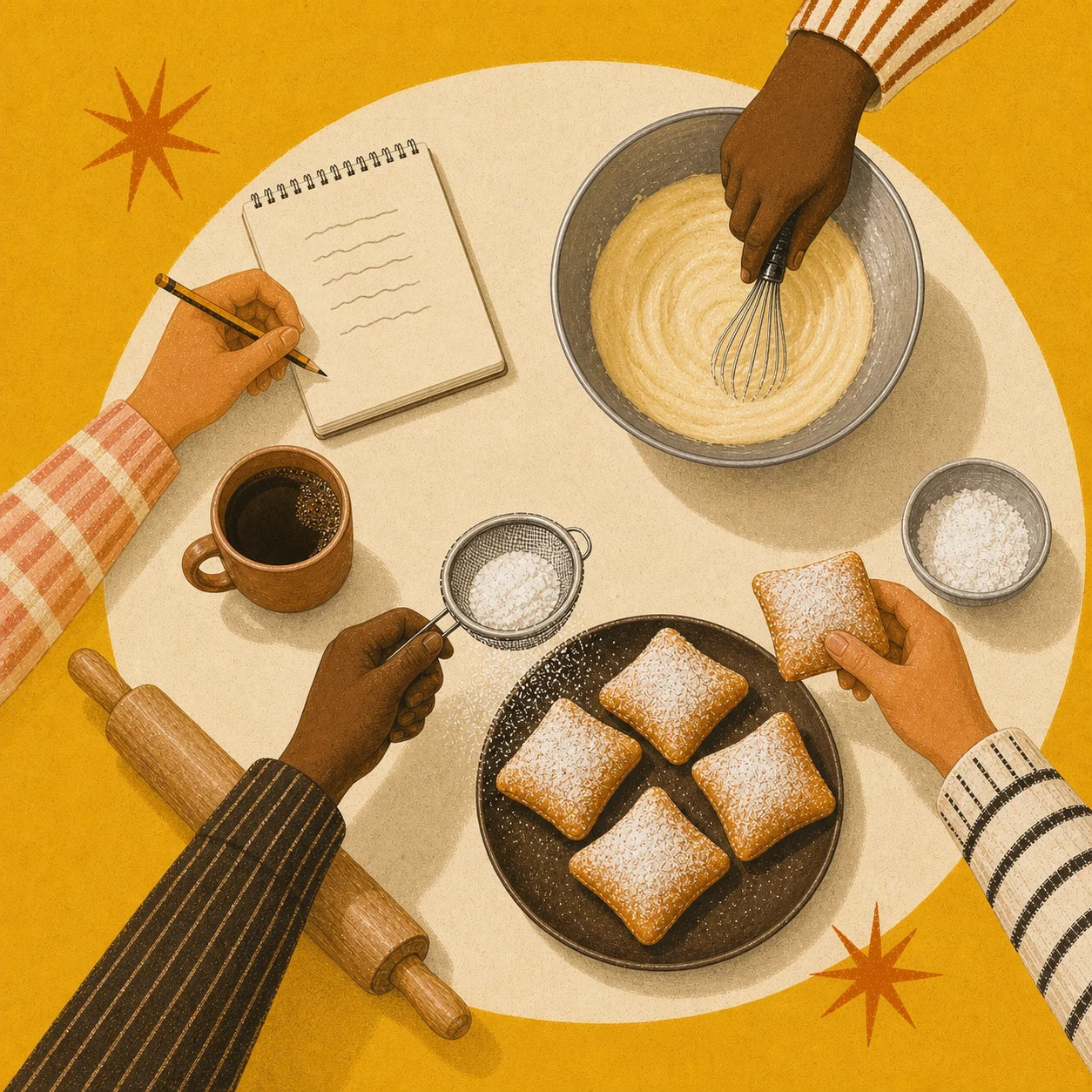 Illustration of four hands whisking, taking notes, dusting sugar, and sharing beignets around a kitchen table