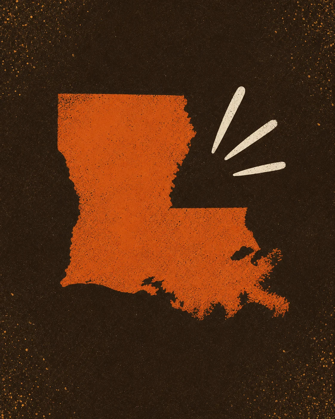 A burnt-orange screen print of the state of Louisiana