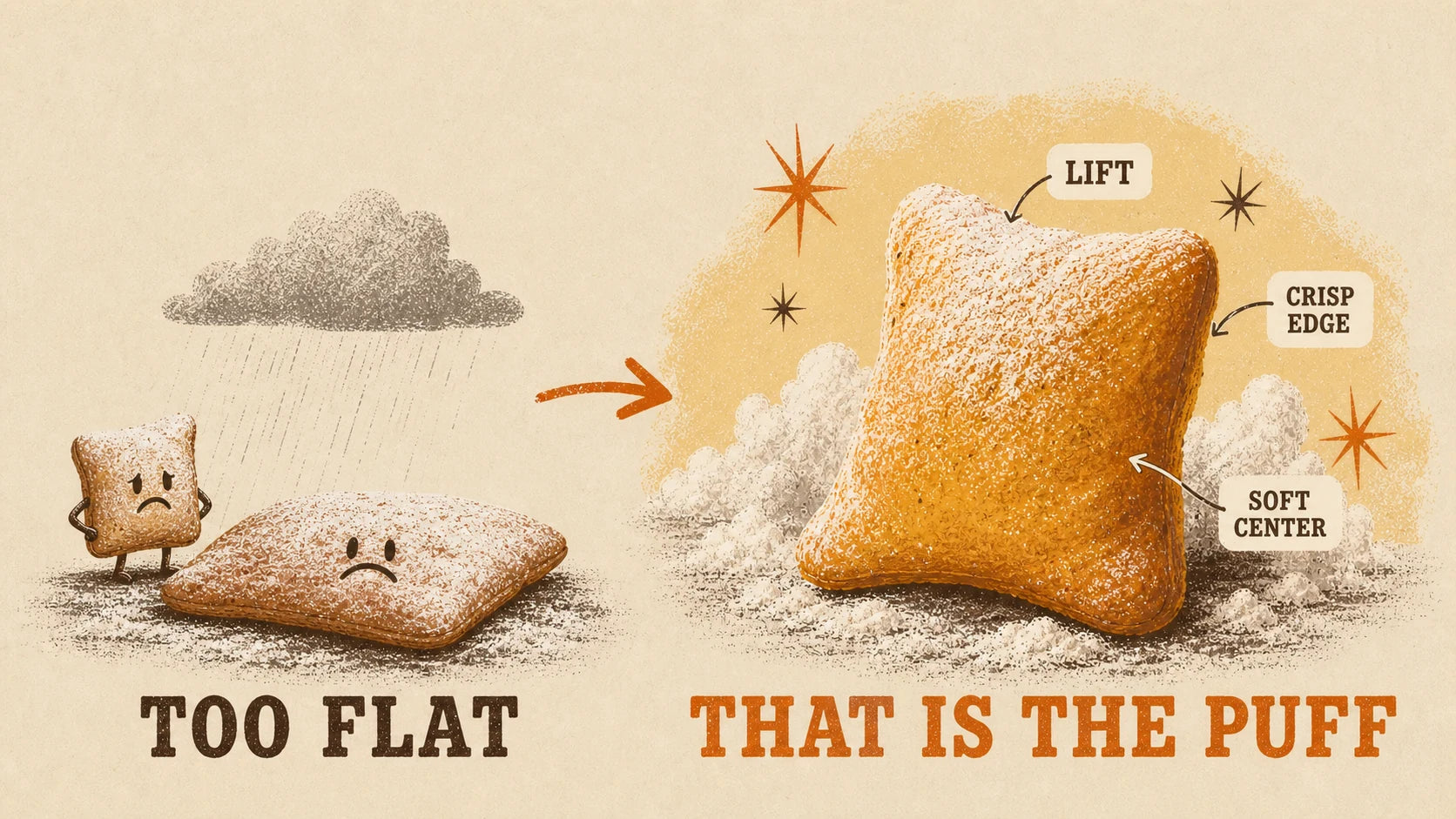 A sad flat beignet labeled Too flat transforms into one tall golden beignet labeled Lift, Crisp edge, Soft center, and That is the puff