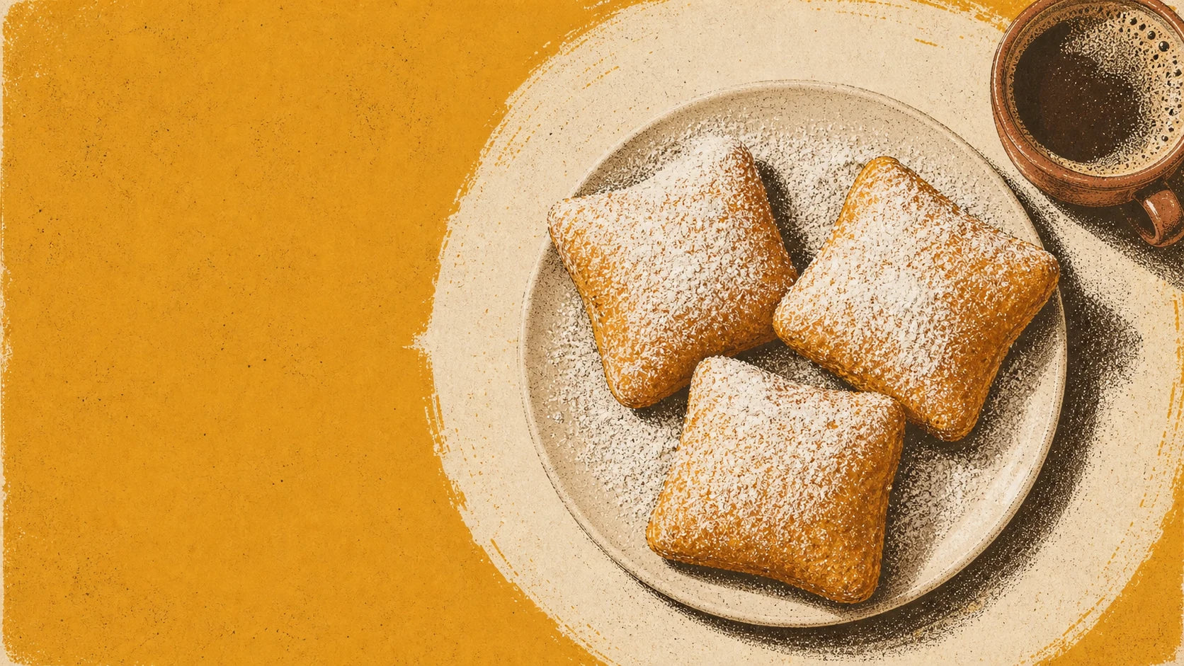 Three golden beignets under a heavy dusting of powdered sugar on a plate beside a cup of chicory coffee