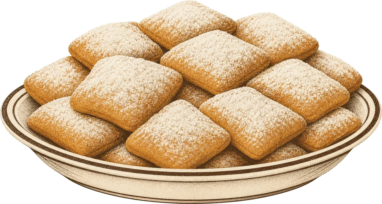 Vintage-print plate piled with fresh powdered-sugar beignets