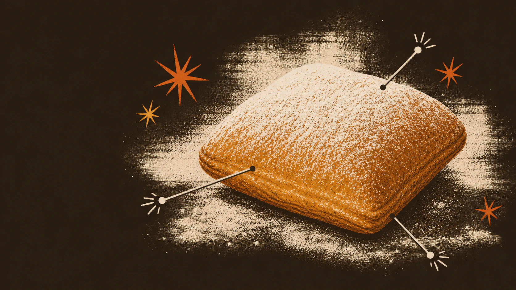 A tall golden beignet marked at its powdered top, crisp edge, and puffed side